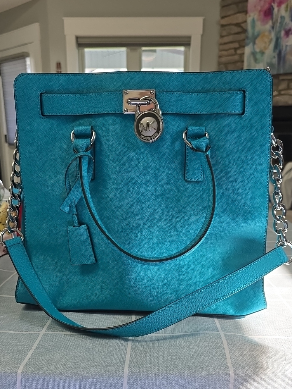 Michael Kors Turquoise Saffiano Leather Tote with Silver Hardware